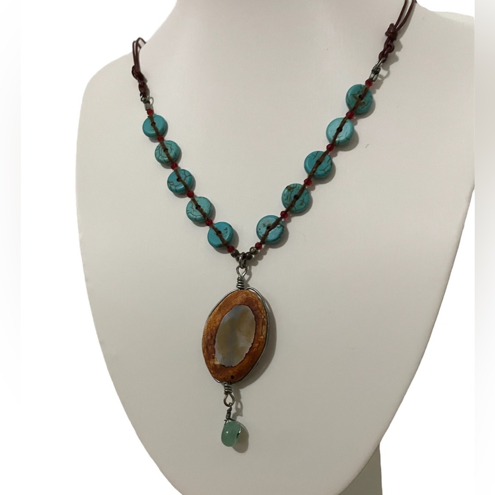 Brown agate necklace with turquoise and jade 20” handmade